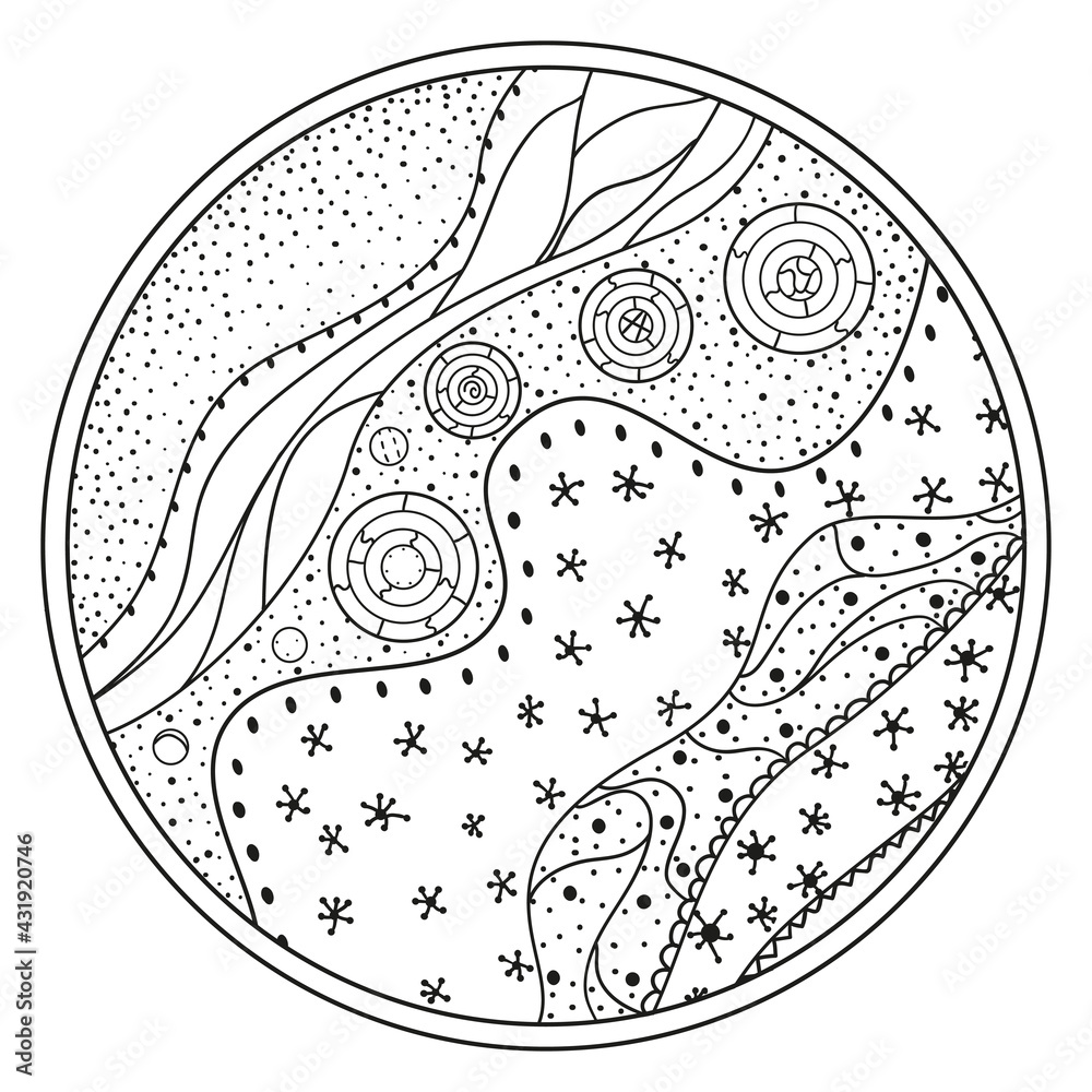 Zendala. Zentangle. Hand drawn circle mandala with abstract patterns on