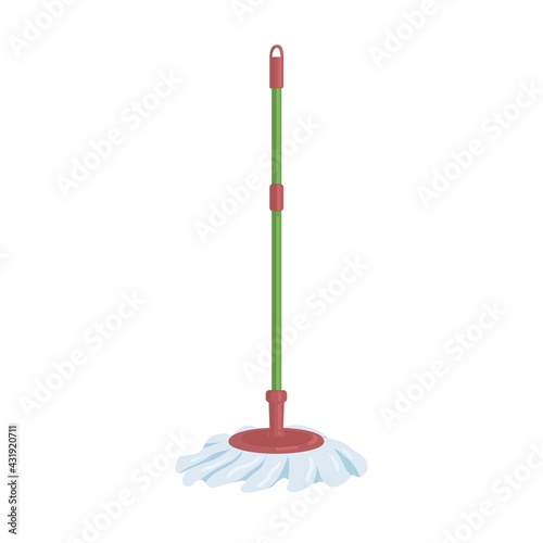 Plastic spin mop with handle stick and round brush for floor cleaning. Domestic manual supply for housework. Colored flat vector illustration of swab isolated on white background