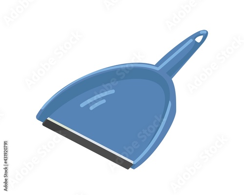 Plastic scoop for sweeping. Dustpan or shovel with handle. Dust pan for housework. Manual domestic tool. Colored flat vector illustration isolated on white background