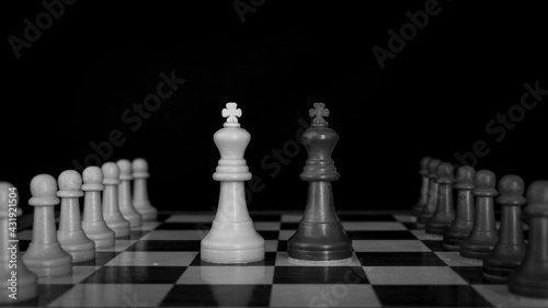 Tablero de ajedrez con reyes cara a cara en blanco y negro