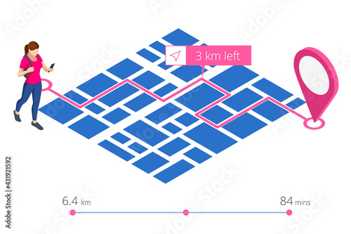 Isometric gps navigation concept. Tourist traveling using his smartphone with previously saved favorite places on map. City map route navigation smartphone, phone point marker.