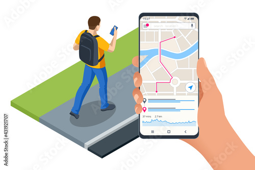 Isometric gps navigation concept. Tourist traveling using his smartphone with previously saved favorite places on map. City map route navigation smartphone, phone point marker.