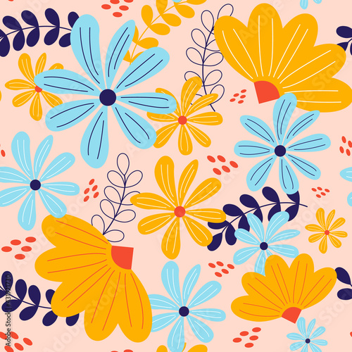 Seamless pattern with orange and blue flowers. Bright colors. Vector illustration background. EPS10.