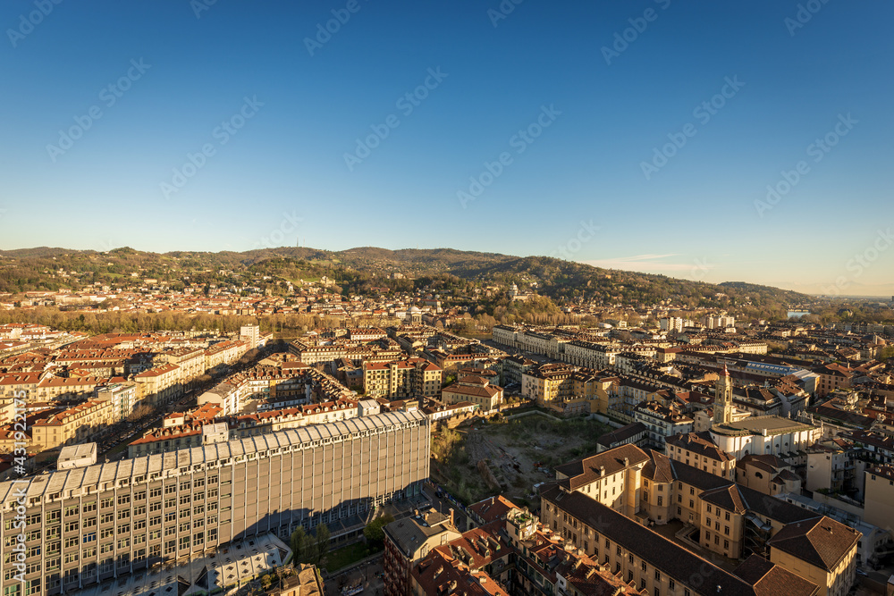 Aerial view of the city of Turin (Torino) from the Mole Antonelliana with the hills and Italian Alps on the horizon, Piedmont (Piemonte), Italy, Europe.