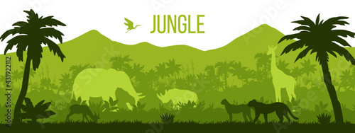 Jungle vector forest silhouette background, tropical rainforest landscape, tree outlines, leopard, rhino. Africa wildlife nature illustration, elephant, giraffe, palms. Jungle green silhouette clipart