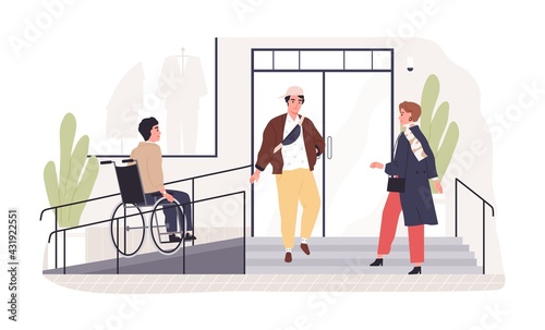 Person on wheel chair moving to accessible building entrance with ramp. Wheelchair-friendly city environment. Disabled people inclusion concept. Flat vector illustration isolated on white background