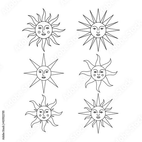 Set of antique sun symbols with face.