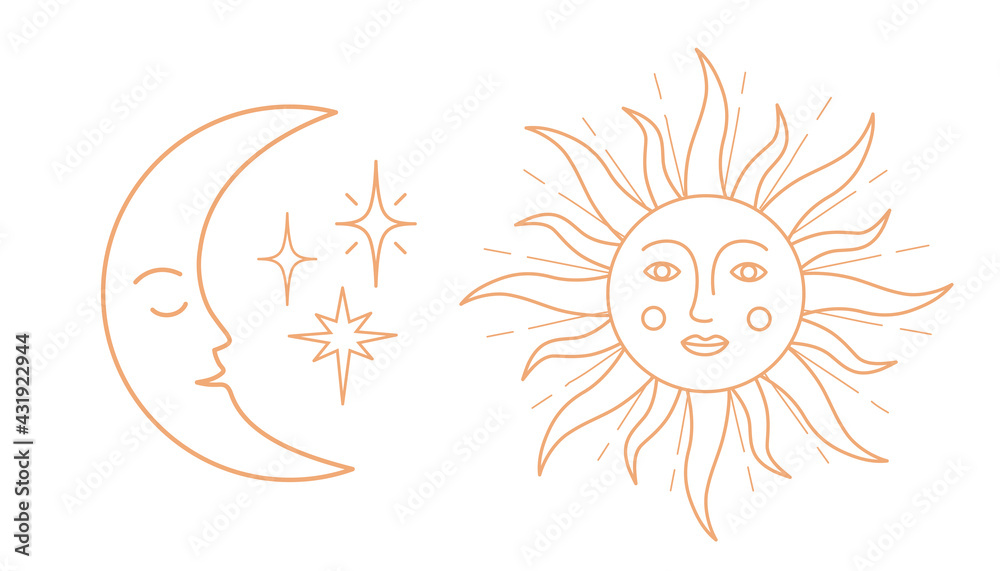 Fototapeta premium Set of antique sun and moon symbols with face.