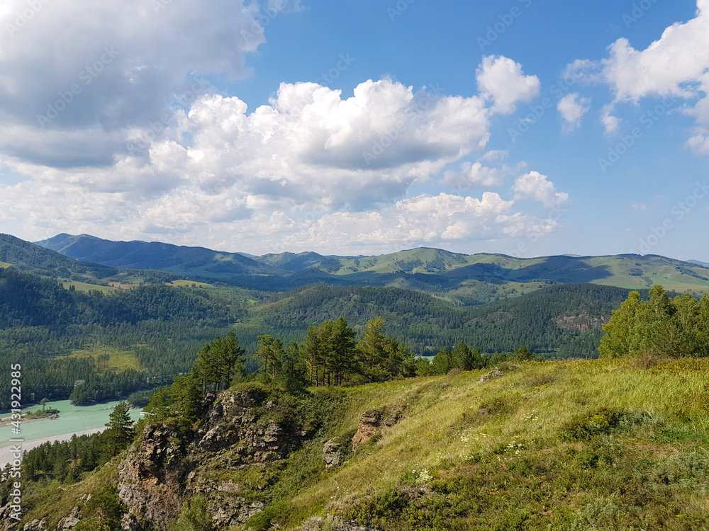 Fototapeta premium Mountain river in the vast mountains of the Altai Mountains. Katun river