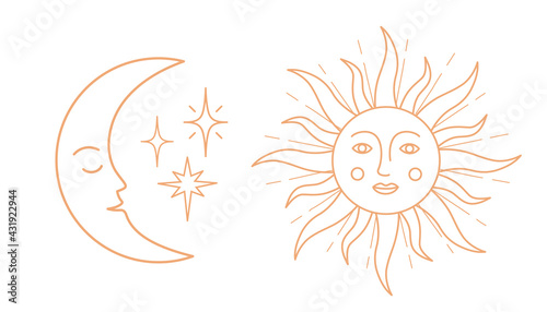 Set of antique sun and moon symbols with face.