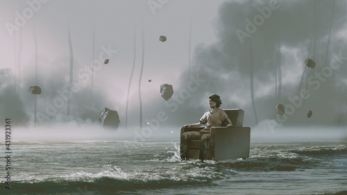 man sitting on armchair in the sea with rocks floating in the sky, digital art style, illustration painting