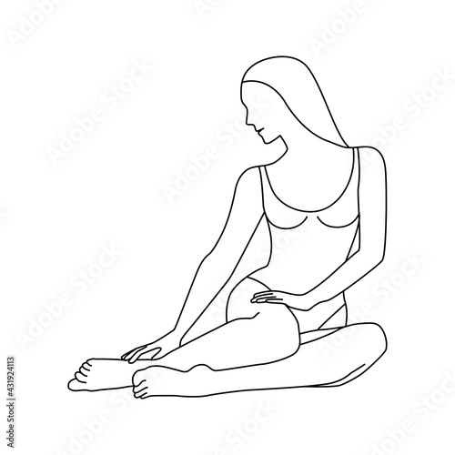 Linear female figure in swimsuit. Young woman sitting and sunbathing.