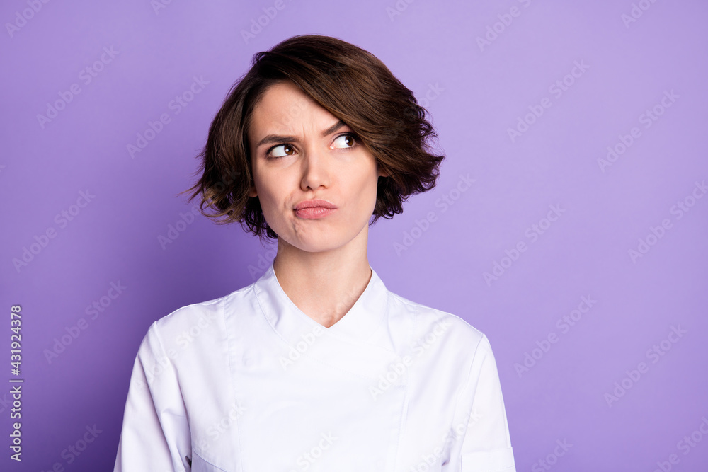 Portrait of attractive mad grumpy minded brown-haired girl overthinking copy space clue isolated over bright violet purple color background Portrait of attractive mad grumpy minded brown-haired girl overthinking copy space clue isolated over bright violet purple color background