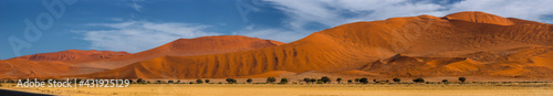 Orange sand dunes against blue sky in late moring. Wide panorama of Sossusvlei, Namibia.