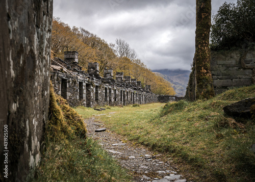 Принти на полотні Row of abandoned old miners cottages in slate mine quarry Dinorwic North Wales