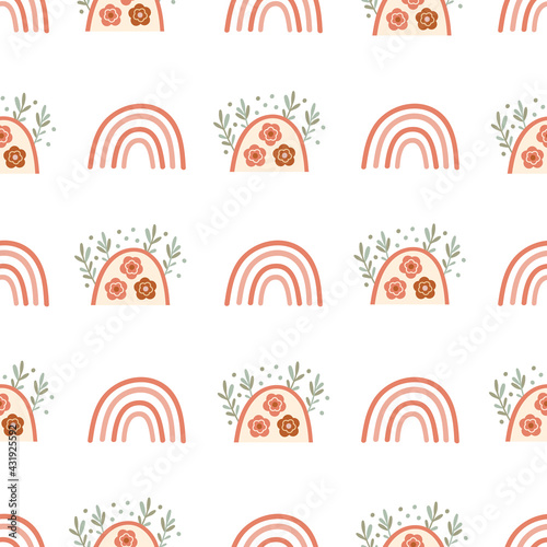 Children Seamless pattern design with with rainbows and florals. Vector illustration.