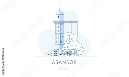 Asansor, Izmir. The famous landmark of Izmir, tourists attraction place, skyline vector illustration, line graphics for web pages, mobile apps and polygraphy.