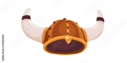 Viking helmet. Head protective gear. Horns. Gold. Metal. Skin. Vector illustration in cartoon style on a white background.