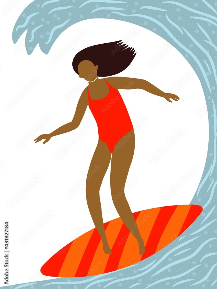 Girl surfer catches a wave while standing on the board. Illustrations in flat style