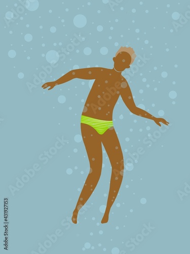 The guy is underwater. Floats or sinks. Illustration in flat style