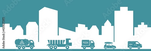 transport in the city, automobile, white silhouette of town on blue background, vector icon