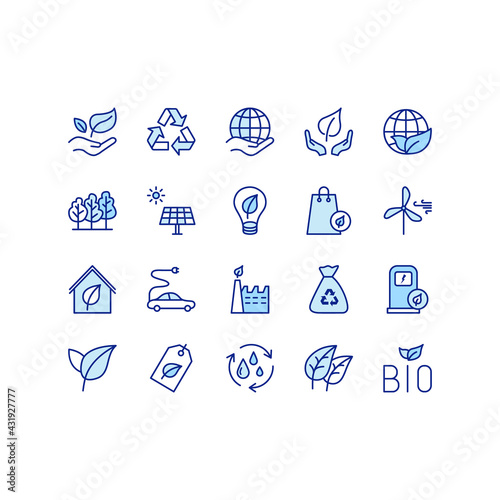 Ecology and Environment flat line icons set. Environment  Eco  Alternative Power  Recycle  Water Drop and more. Simple flat vector illustration for store  web site or mobile app. Blue color