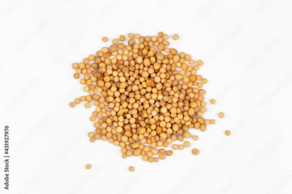 natural yellow mustard seeds isolated on white background, top view natural yellow mustard seeds isolated on white background, top view
