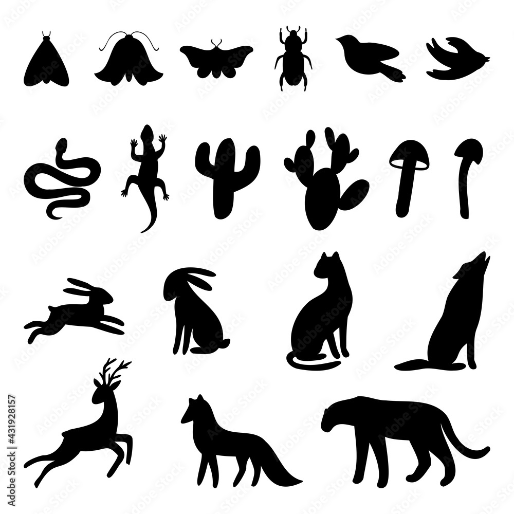 Set of black silhouettes. Fores animals