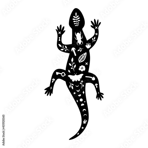 Black silhouette of lizard with white moon, floral elements.
