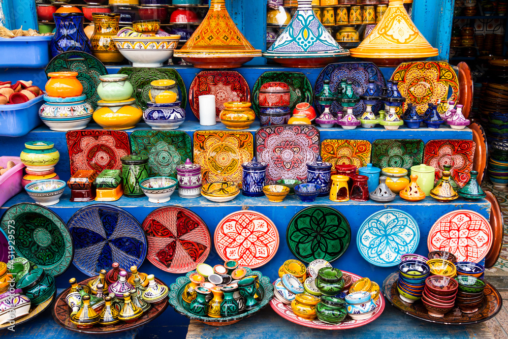 Souvenir store. Traditional Arabic pottery dishes in gift shop 