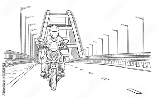Motorcycle on the road hand drawn vector illustration