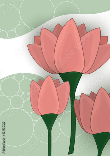 Illustration with stylized lily flowers. Floral pattern on a wave background. Sample of textiles in trendy colors.