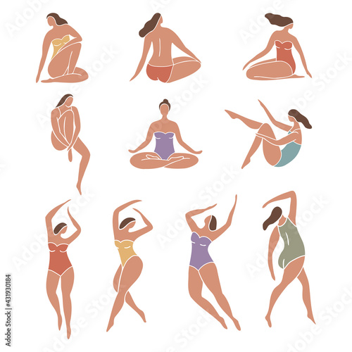 Set of colorful female figures in swimsuits. Minimal trendy vector illustration with silhouette of faceless woman.