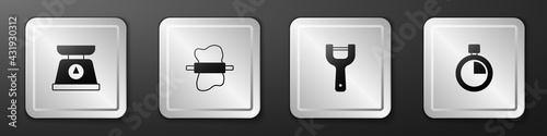 Set Scales, Rolling pin on dough, Vegetable peeler and Stopwatch icon. Silver square button. Vector
