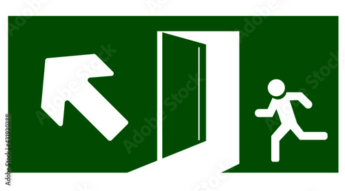 Emergency exit. The Emergency Exit door is indicated by an arrow. Emergency safety illustration EPS 10