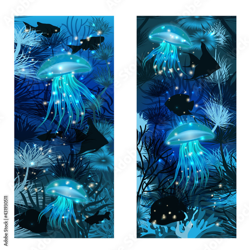 Underwater banner with jellyfish, vector illustration
