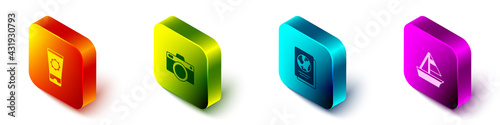 Set Isometric Sunscreen cream in tube, Photo camera, Passport and Yacht sailboat icon. Vector