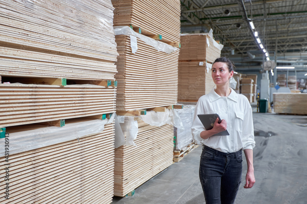 Business woman portrait in the carpentry factory using tablet pc. Carpentry factory. Factory for the production of parquet board