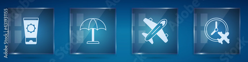 Set Sunscreen cream in tube, protective umbrella, Plane and Clock with airplane. Square glass panels. Vector