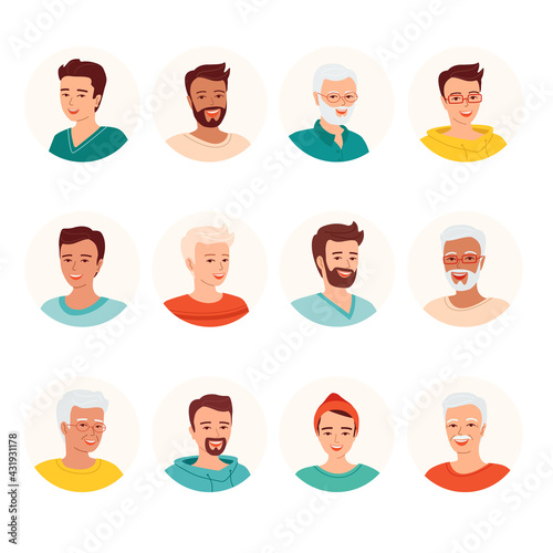 Set of men avatars of smiling people of different ages and nationalities. Various male faces icons. Isolated vector illustration.