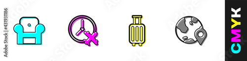 Set Armchair, Clock with airplane, Suitcase and Location on the globe icon. Vector