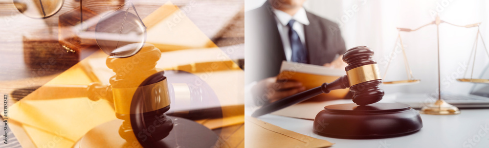 justice and law concept.Male judge in a courtroom on wooden table and Counselor or Male lawyer working in office. Legal law, advice and justice concept. justice and law concept.Male judge in a courtroom on wooden table and Counselor or Male lawyer working in office. Legal law, advice and justice concept.