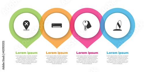 Set Plane, Air conditioner, Hotel door lock key and Surfboard. Business infographic template. Vector