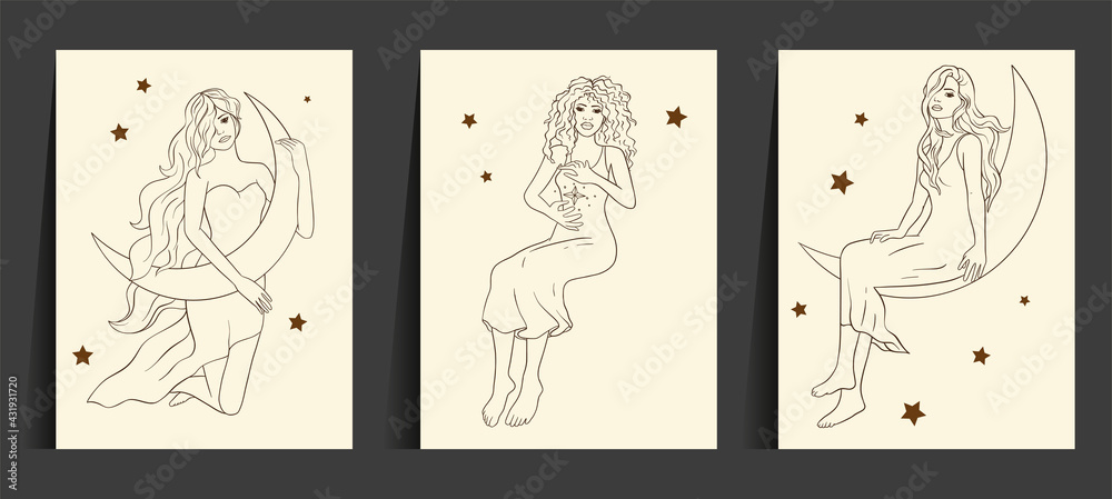 Obraz premium Astrology woman celestial card set. Sacred boho lady line art esoteric linear moon star magic beautiful vector.