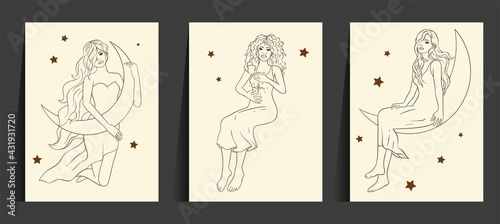 Astrology woman celestial card set. Sacred boho lady line art esoteric linear moon star magic beautiful vector.