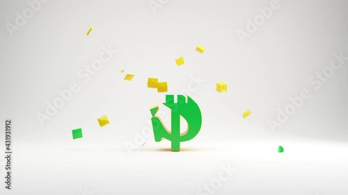 3D render of an abstract animation of a dollar symbol. 3D animation of the appearing, rotating, moving and disappearing symbol. Animation with an alpha channel.