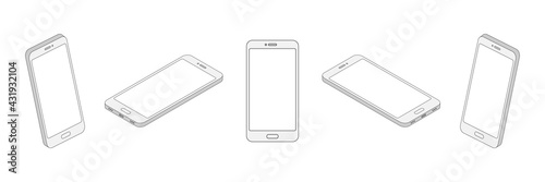 Isometric line smartphone set. 3d mobile phone with empty screen collection. Digital technology outline concept. Vector isolated on white