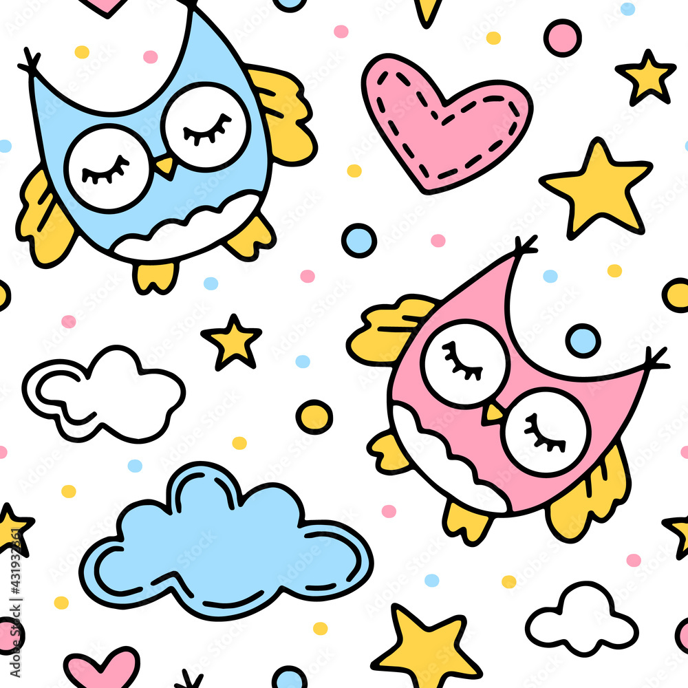 Childrens seamless pattern with owls and clouds