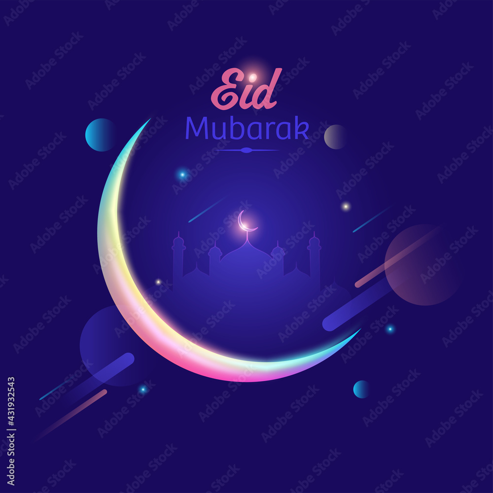 Eid Mubarak Celebration Concept With Gradient Crescent Moon And Mosque On Abstract Purple Background. Eid Mubarak Celebration Concept With Gradient Crescent Moon And Mosque On Abstract Purple Background.