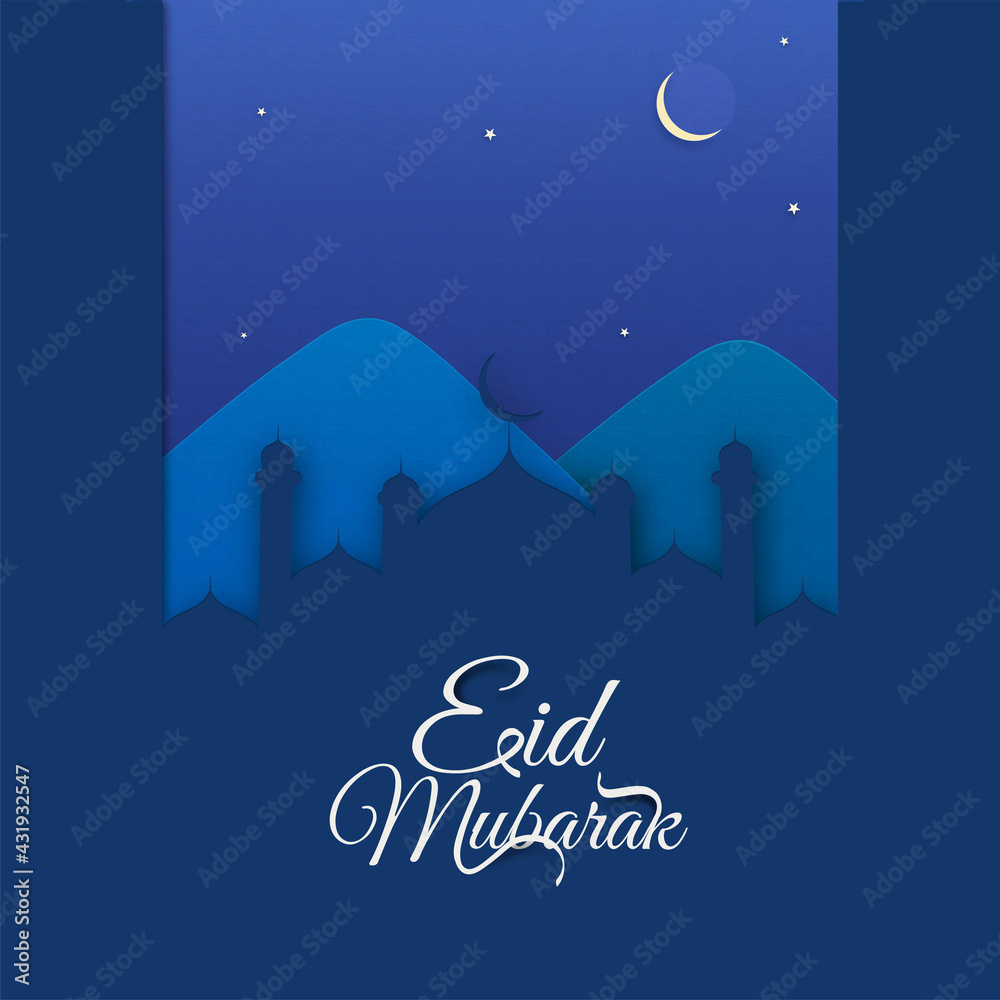 Eid Mubarak Font With Paper Cut Mosque And Mountain On Blue Night Time Background. Eid Mubarak Font With Paper Cut Mosque And Mountain On Blue Night Time Background.
